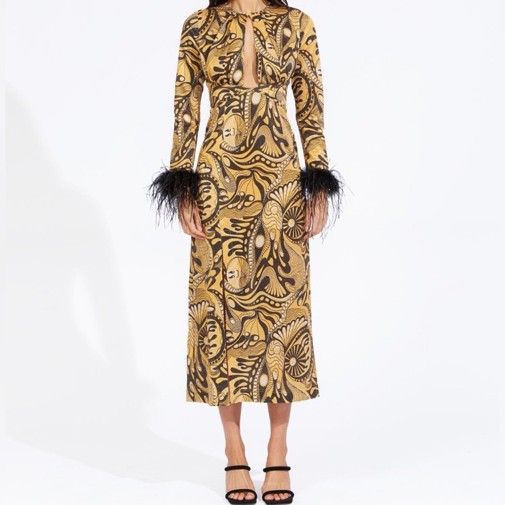 ALICE MCCALL  Gold Dust  Feather Cuff Midi Dress in Gold Multi size 10